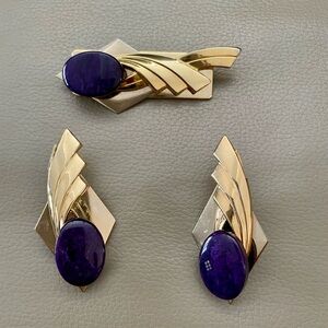 Vintage Gold and Purple Brooch and Earring Set